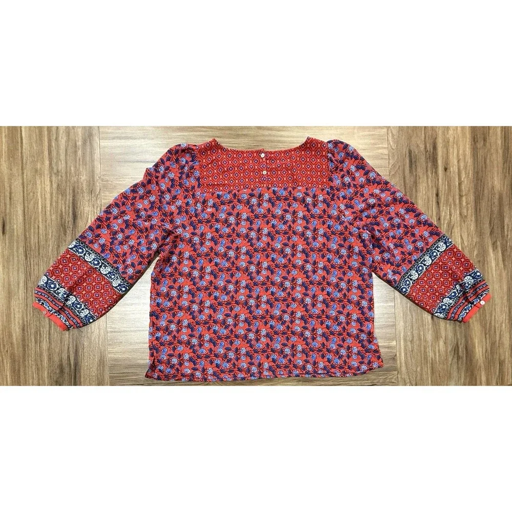 LOFT Plus Red Blue Floral Print Career Blouse Red Women Size XL Long Sleeve